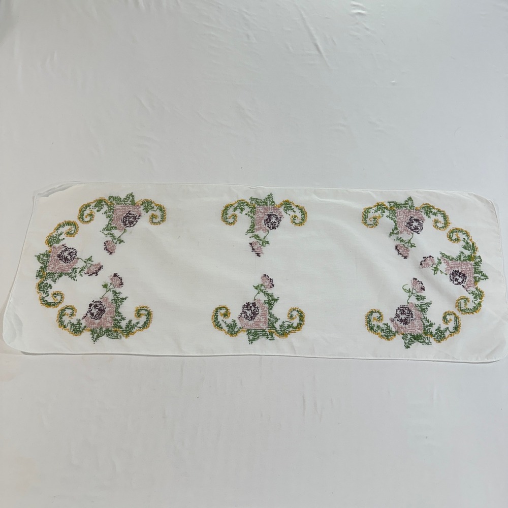 Vintage Hand Embroidered Cross Stitch Floral Table Runner White Cotton 36x13